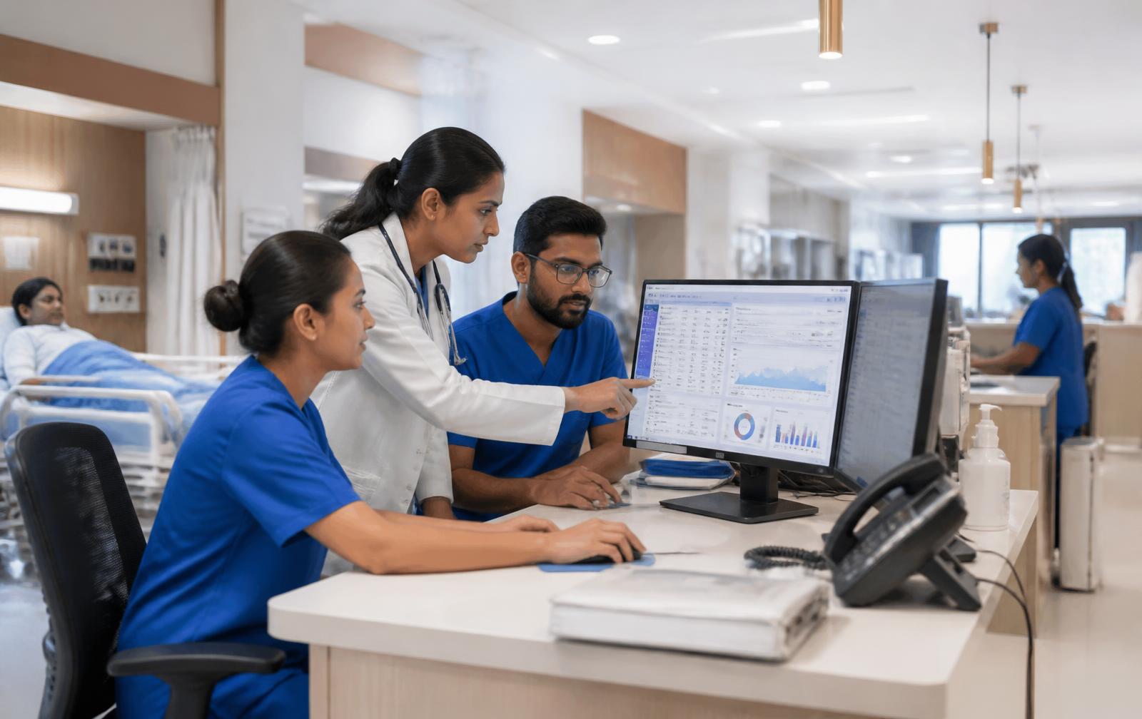Clinical team working with integrated healthcare technology